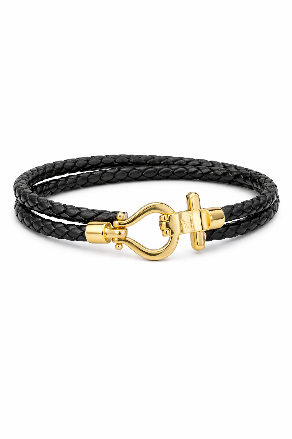 Black Braided Leather Bracelet with Gold Clasp