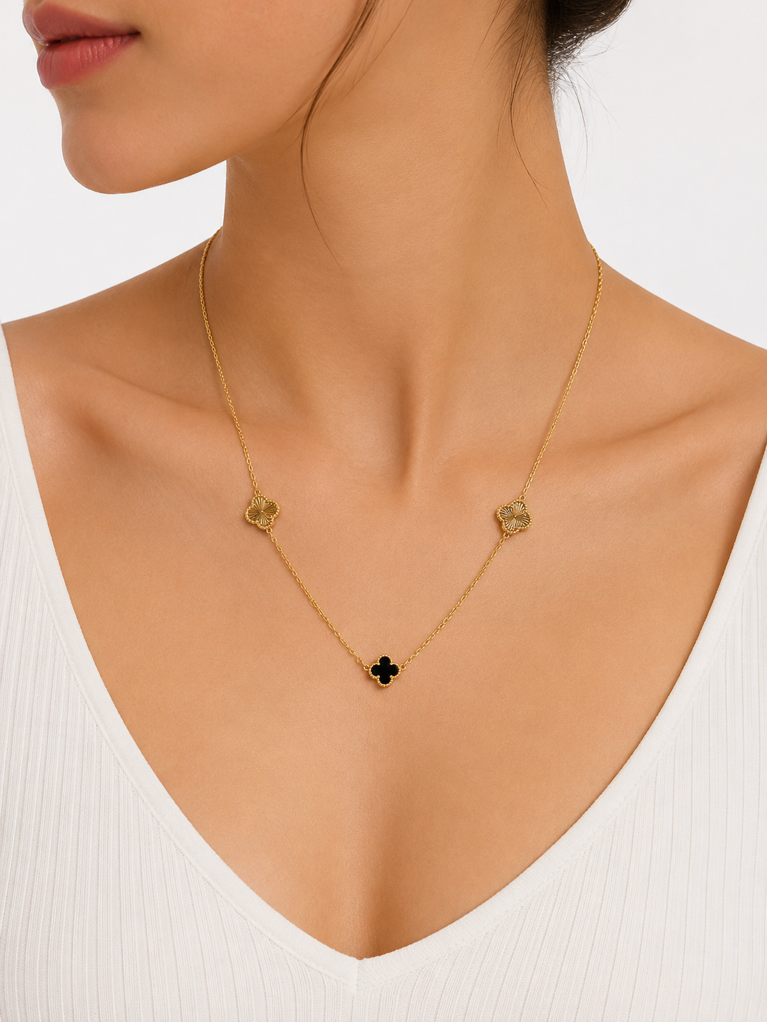 Van Cleef Style Laser-Cut Black Clover Necklace
