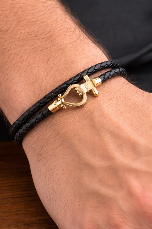 Black Braided Leather Bracelet with Gold Clasp