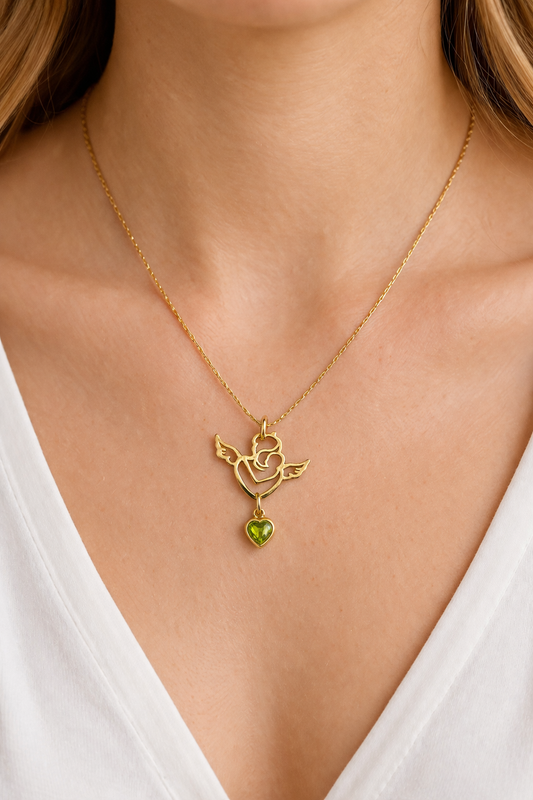 Angel Heart Gold Pendant with Green Stone