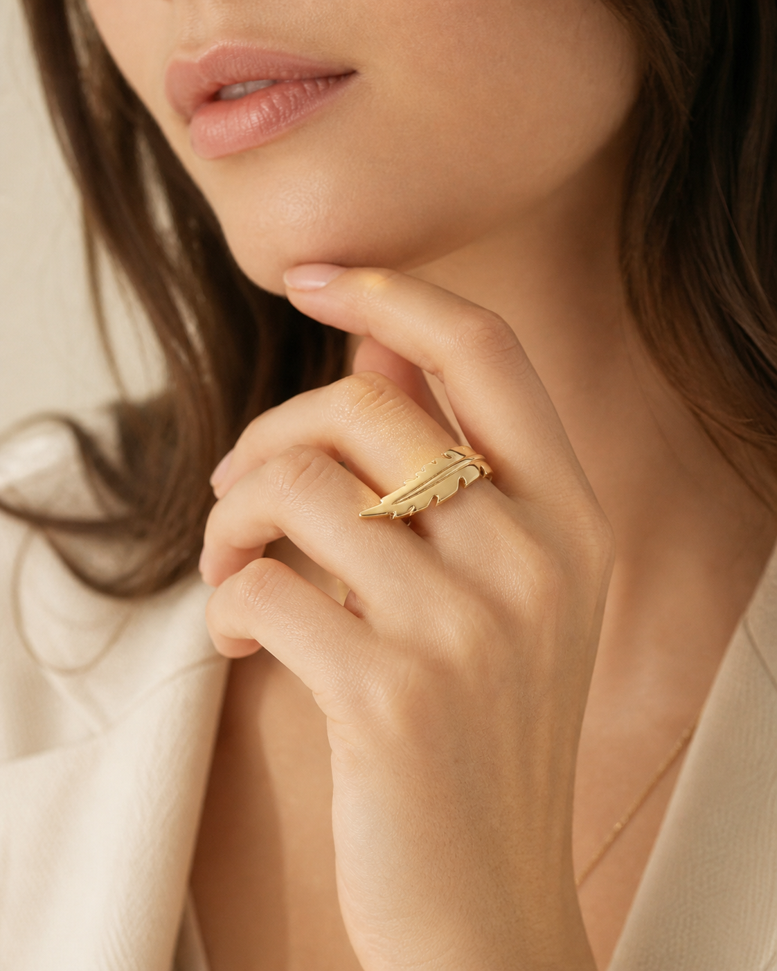 Long Gold Feather Ring