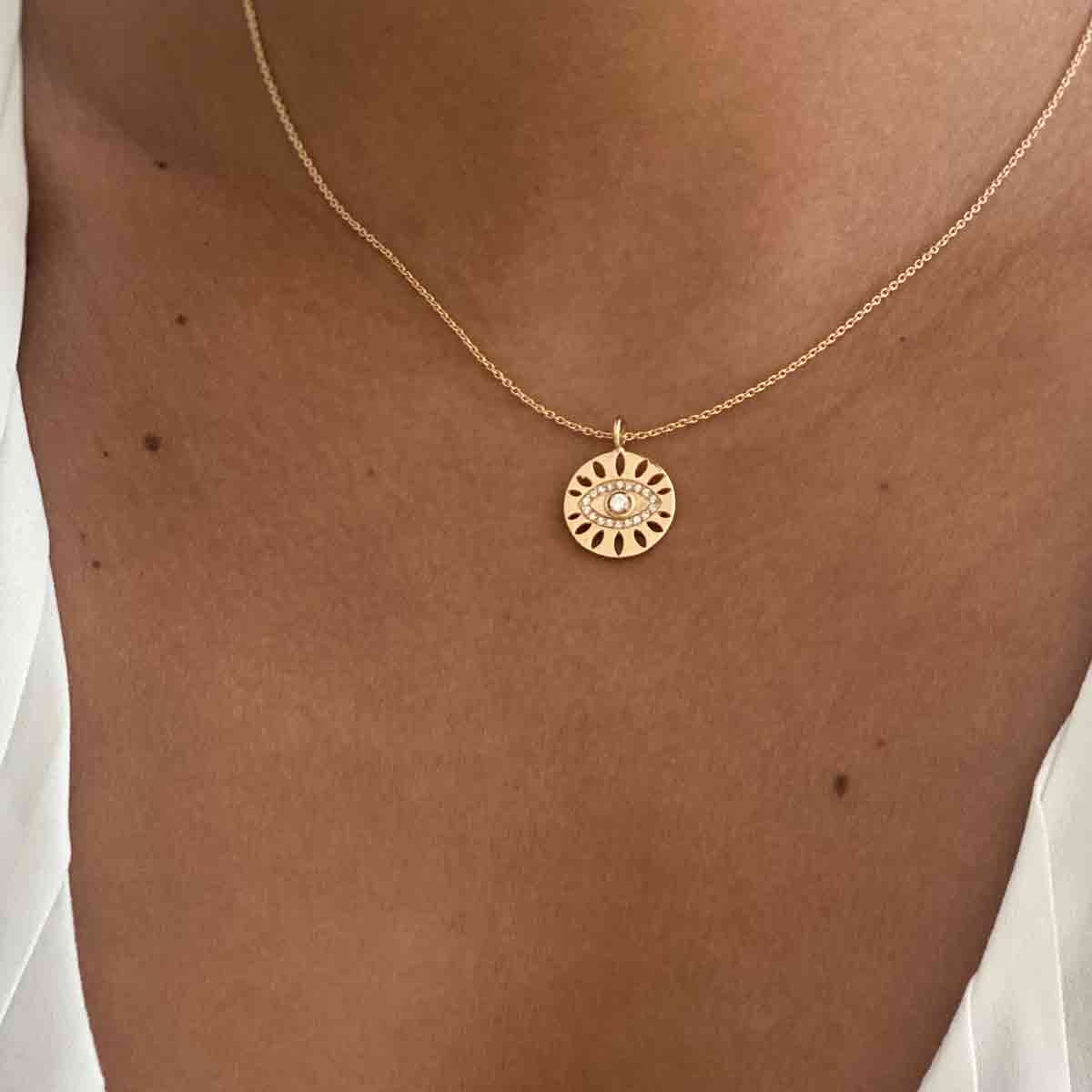 Circular Pendant Necklace with Evil Eye Design and Crystals