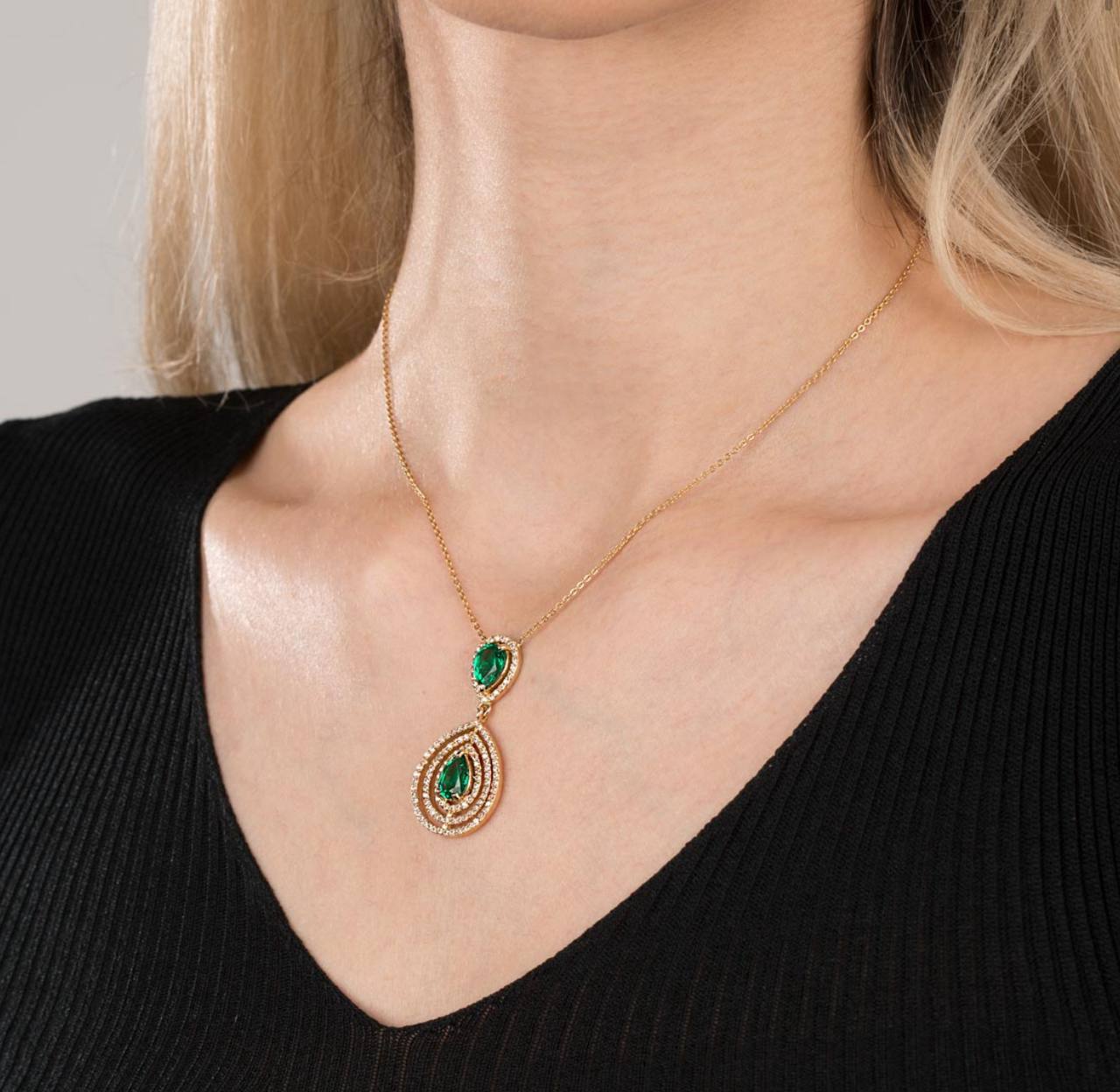 Double Green Teardrop Pendant Necklace